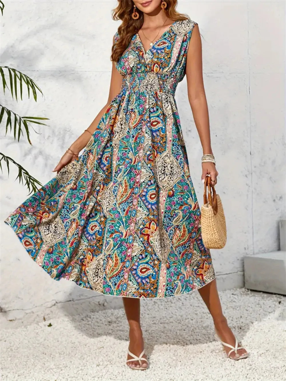Smocked Printed Surplice Sleeveless Midi Dress
