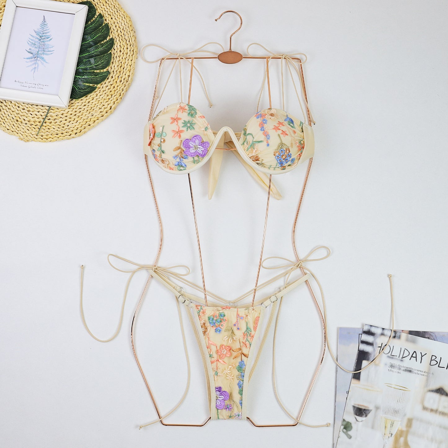 Embroidered Push-Up Bikini for Women, Sexy Detailing with Thin Ties, Steel Support Separate Swimsuit for Export