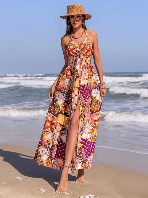 Slit Printed Halter Neck Cami Dress