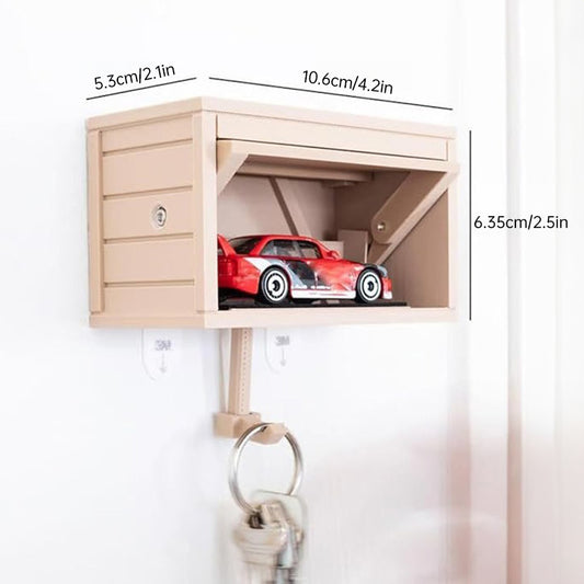 Space-saving wall wooden key holder, home key rack, garage-shaped clothes hook with opening door for hallway