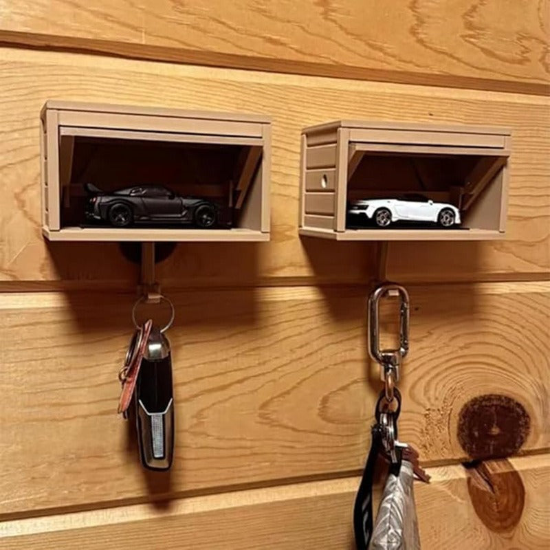 Space-saving wall wooden key holder, home key rack, garage-shaped clothes hook with opening door for hallway