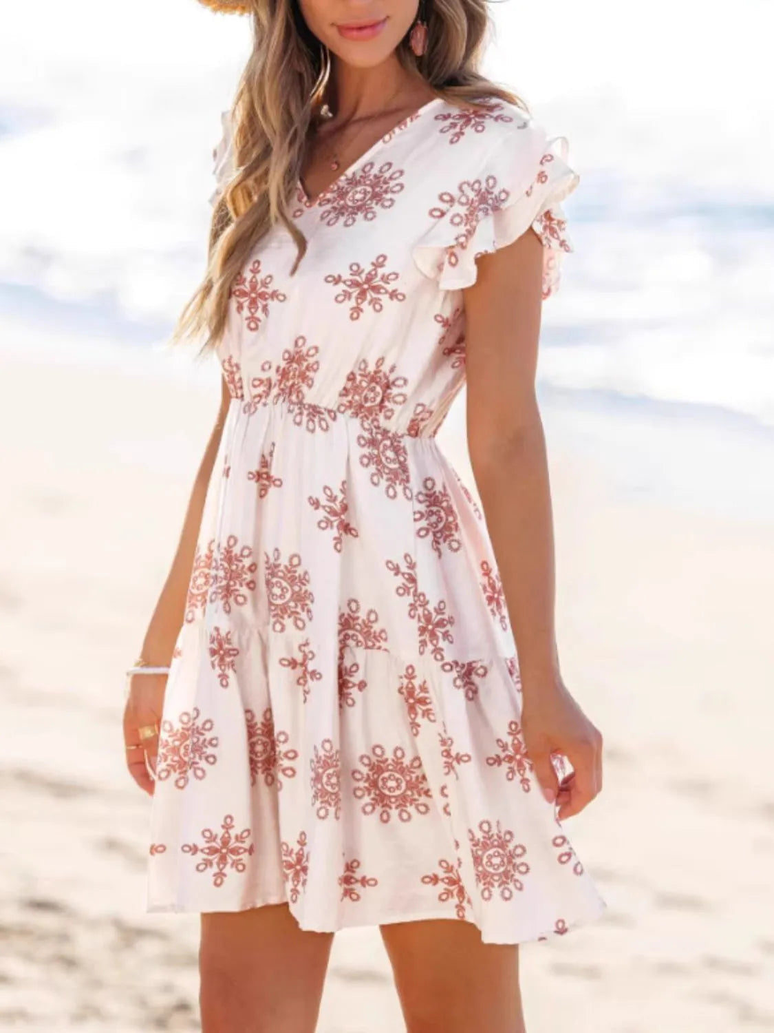 Ruffled Floral V-Neck Cap Sleeve Dress